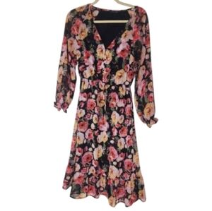 5/$15 Cotton On Pink Roses Floral Balloon Sleeve Button Detail Dress